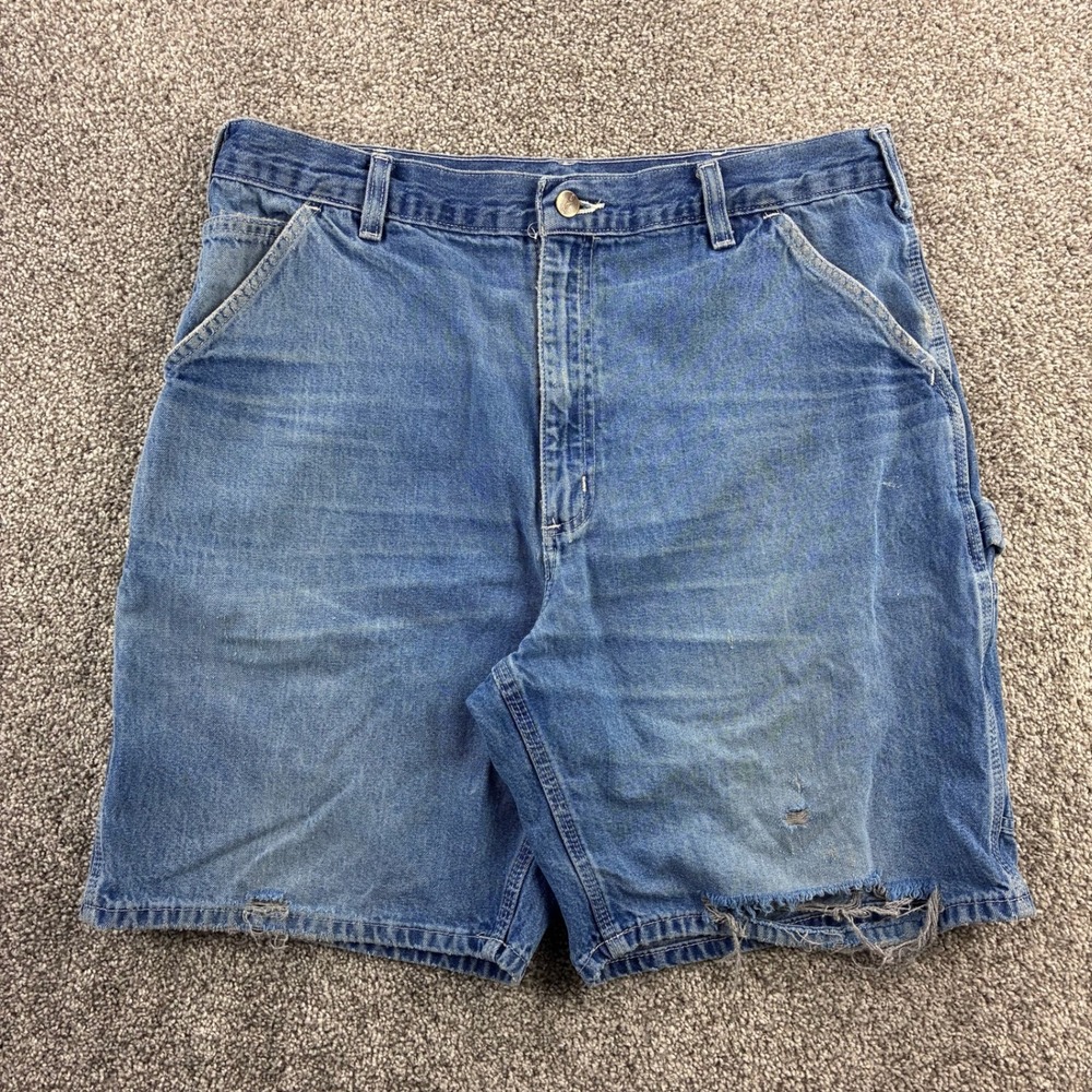 Carhartt Carpenter Shorts Mens 34 Blue Cotton Denim Workwear Distressed B28 DST